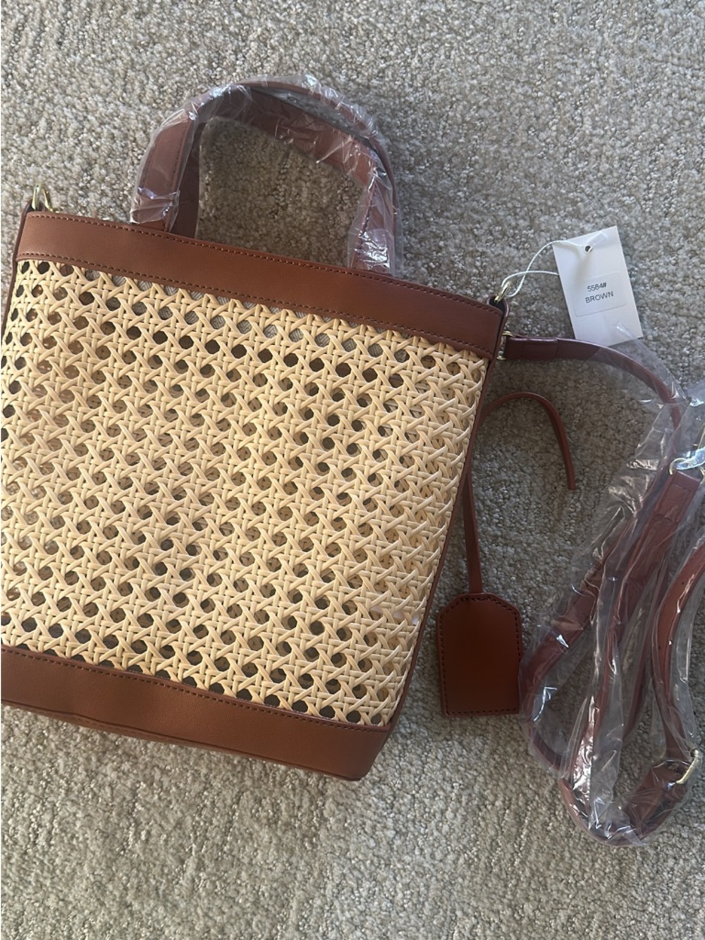 Brown Woven Cane Straw Tote Bag